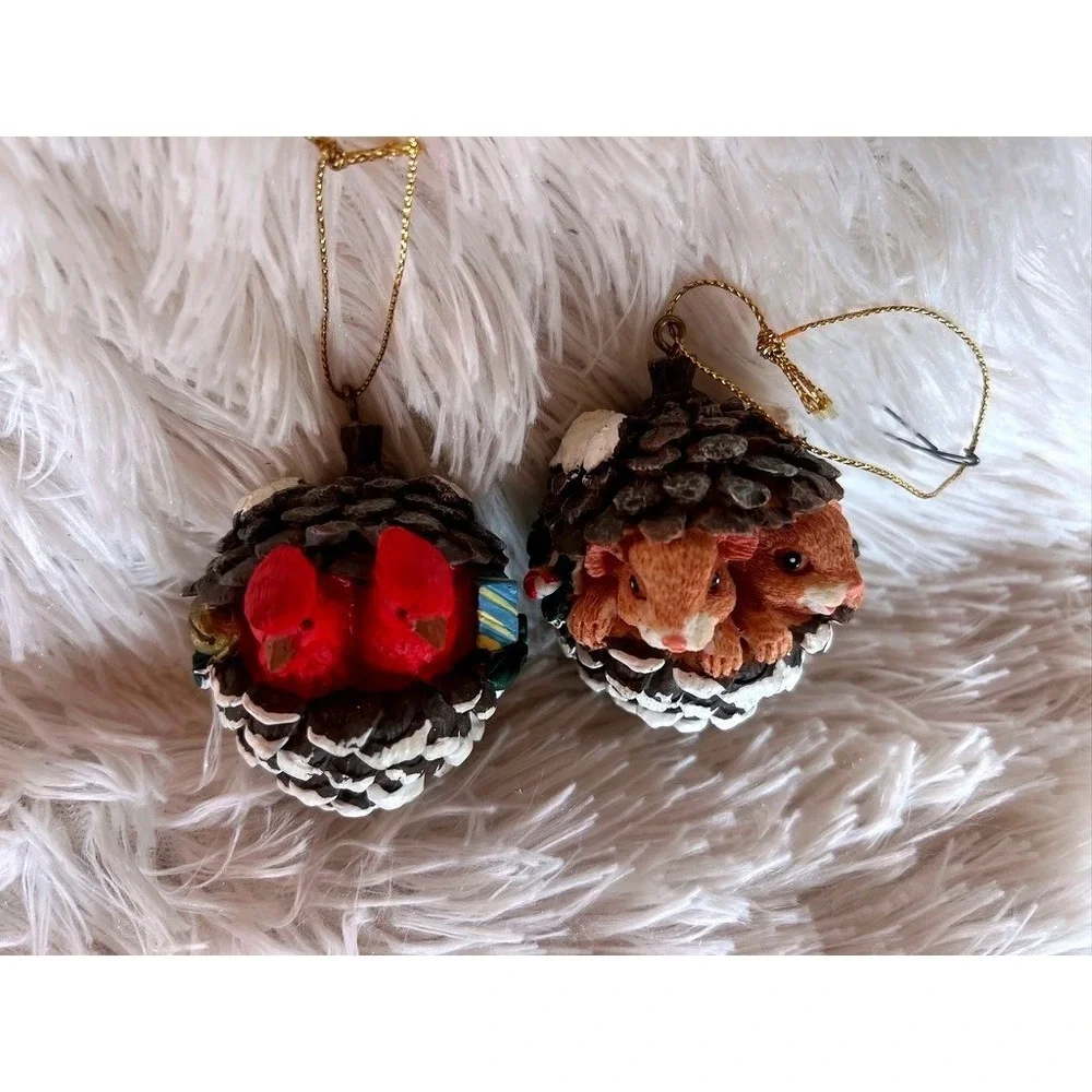 Pine Cone Christmas Ornaments Set 2 Cardinal Mice Snow Woodland Charm Forest